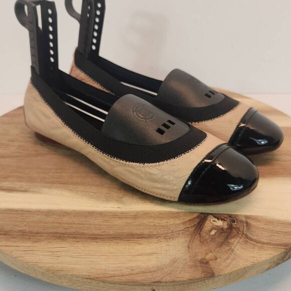 Tory Burch Bridgette Honeywheat Black Leather Quilted Cap Toe Ballet Flats 6 M - Picture 4 of 10